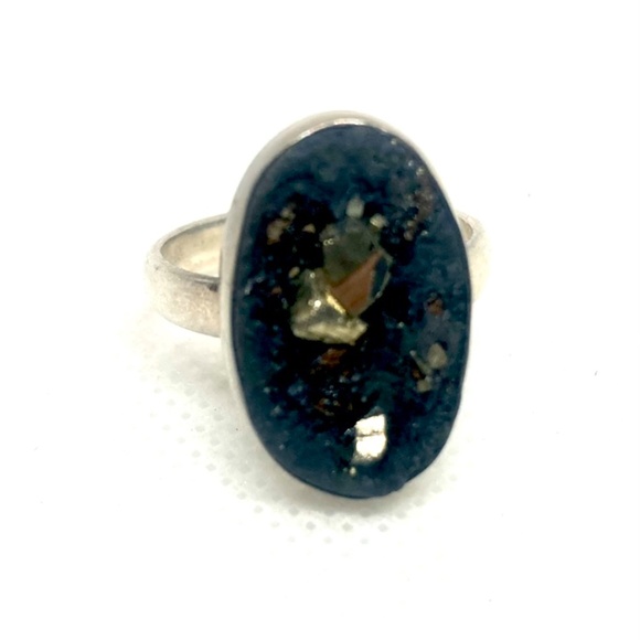 Pyrite In Slate, All Natural Mineral Specimen. Simple Matrix Ring. Size 8 - Picture 1 of 6
